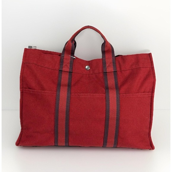 Handbags - 0001. Authentic HERMES Sac Deauville Handbag Tote Bag Canvas Red Silver Hardware